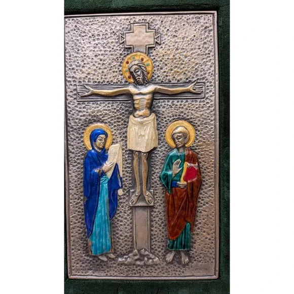 Ottaviani Italy 925 Sterling Silver Enamel Crucifixion Plaque Green Velvet Frame